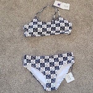 Hurley Girls Black and White Checkered Smiley Face Bikini Size 14 NWT